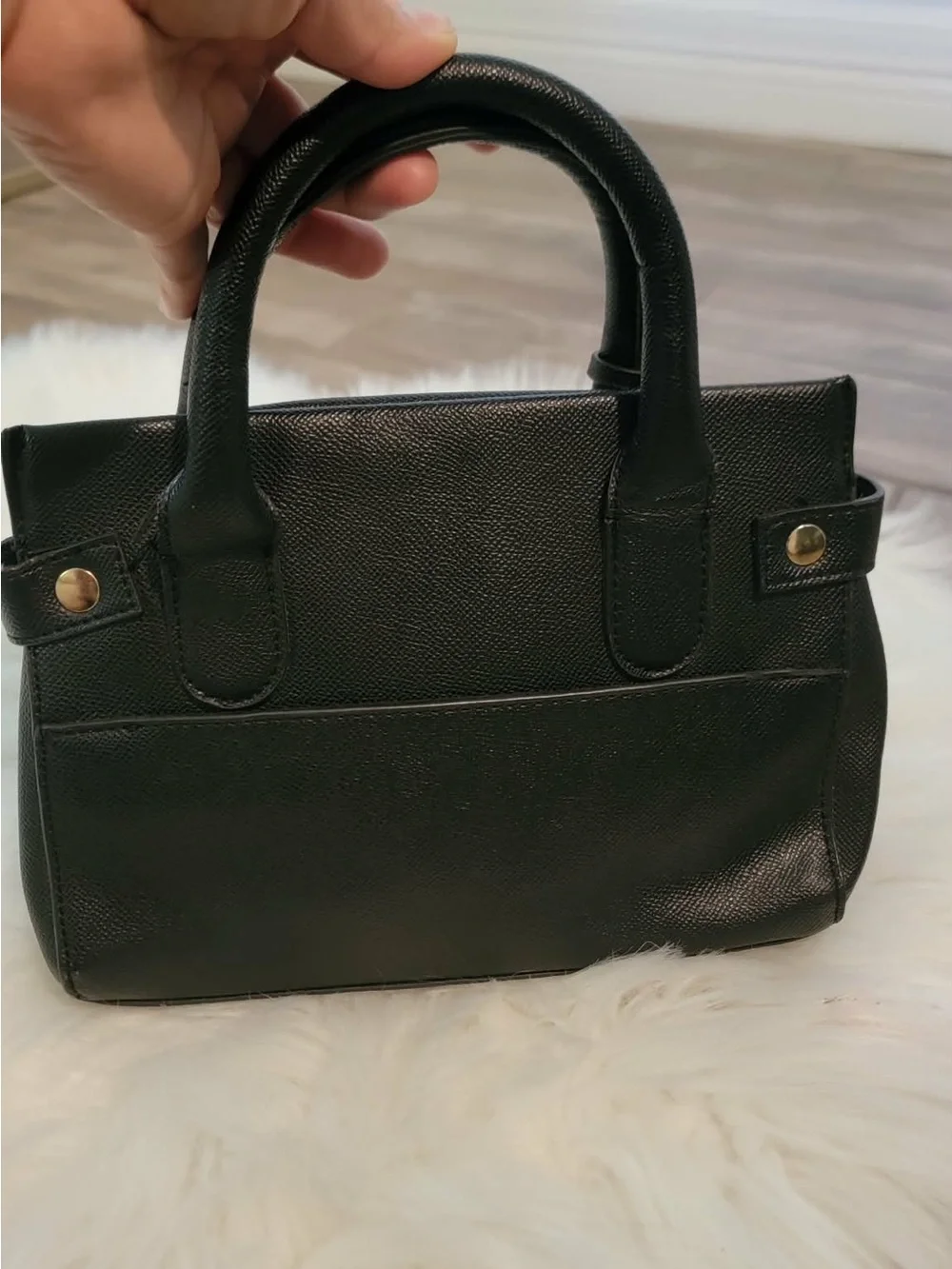 bebe Black Textured Top-Handle Satchel with Gold Accents